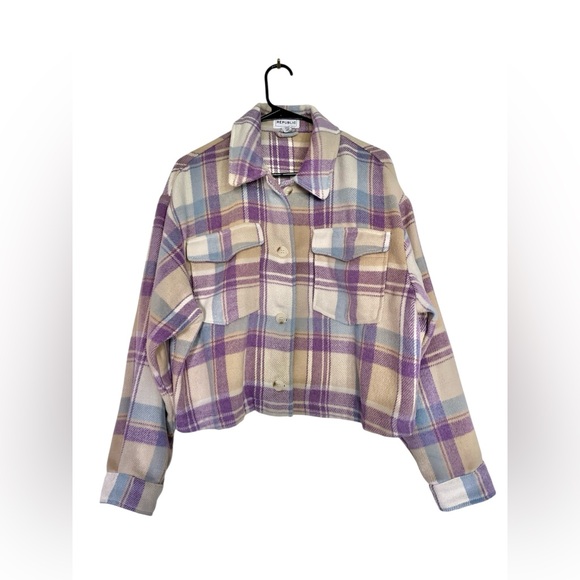 For The Republic Jackets & Blazers - For The Republic Tan/Purple/Blue Plaid Cropped Utility Flannel Jacket Size XL